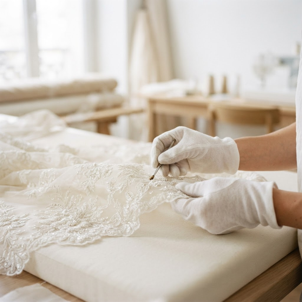 Professionelle Handreinigung eines Brautkleides