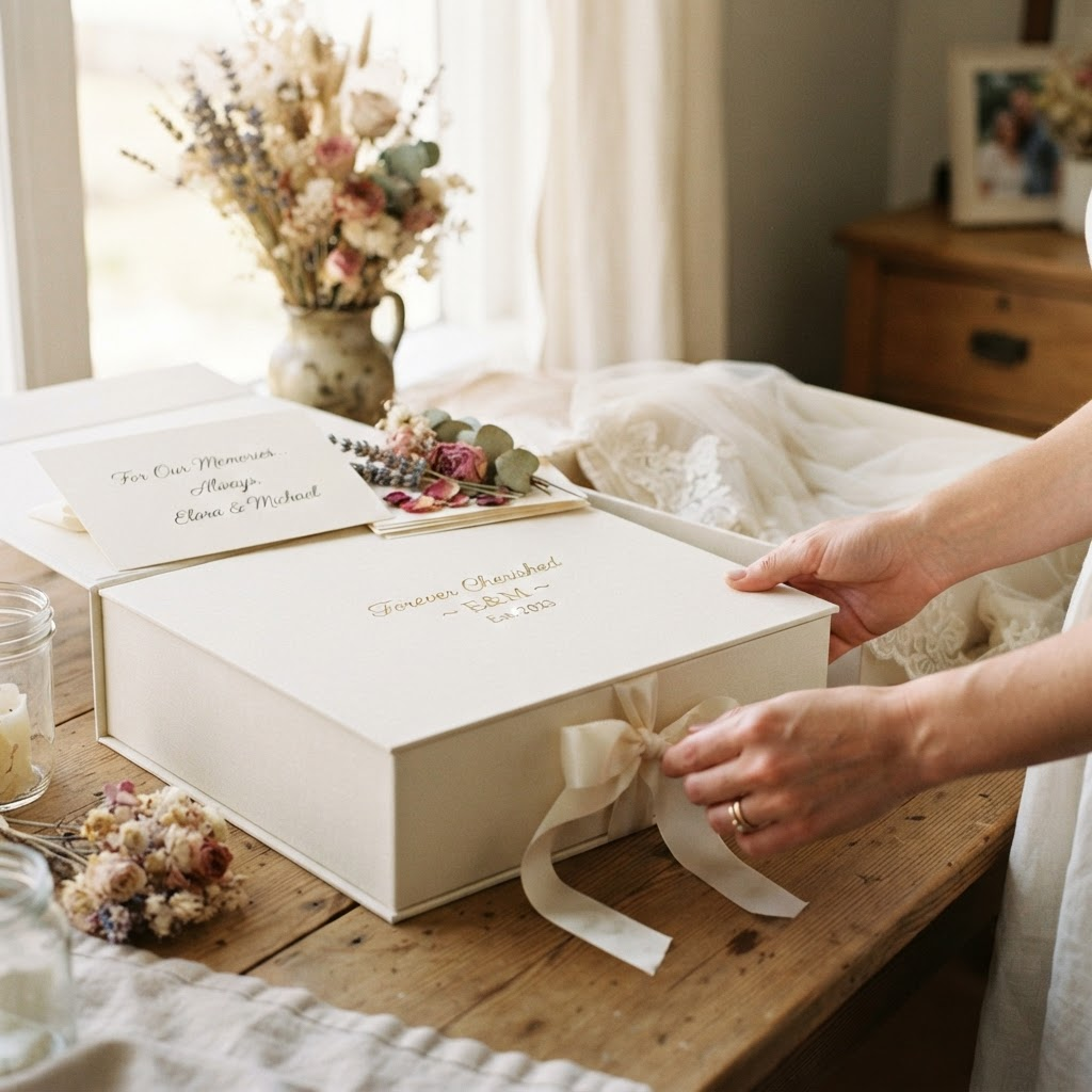 Liebevoll verpacktes Brautkleid mit Seidenpapier
